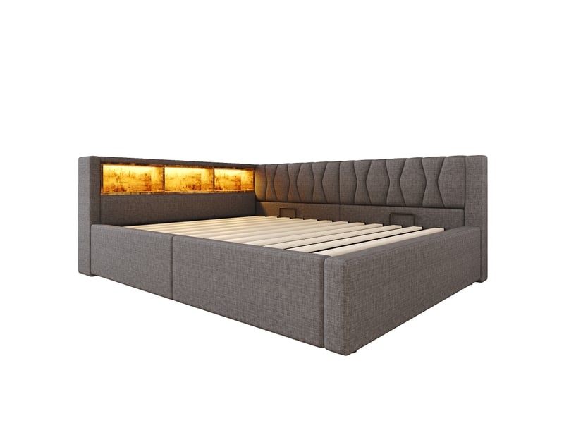  Lit de jour, canapé-lit, 140 x 200 cm, sans matelas, suspension hydraulique, avec bande led à intensité variable, étagère pratique et port usb, gris  - Conforama D