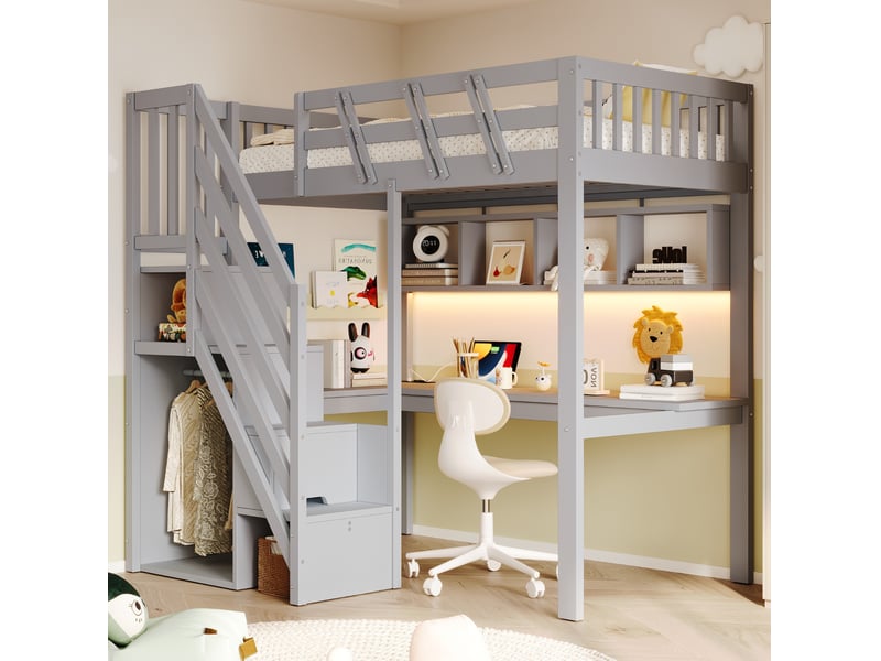 Lit mezzanine 90 × 200 cm avec bureau, escalier avec rangements, led et prise usb pour chambre d’enfant gris - Conforama B