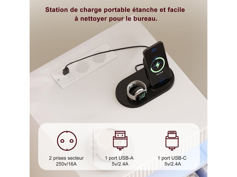 Table de chevet style luxe blanc à texture cannelée 60×40×40 cm, 2 tiroirs avec tiroir caché, éclairage led rgb, station de charge prises secteur, usb‑a et usb‑c, compartiment de rangement ouvert  - Conforama R