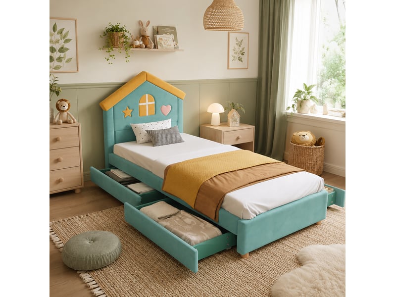  Lit cabane enfant modenvie 90 x 200 cm avec 4 tiroirs bleu-vert en velours  - Conforama B