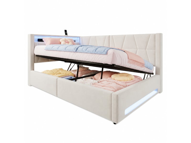  Lit coffre double 140×200 cm avec led, usb et type-c - okmyhome- en velours beige, sans matelas  - Conforama A