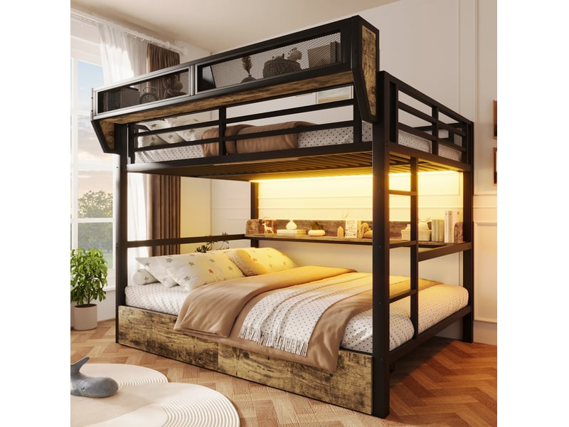  Lit superposé 140 x 200 cm en métal avec led, rangements et 2 tiroirs, noir  - Conforama D