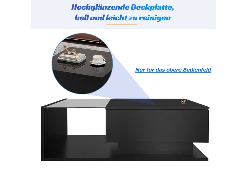  Table basse avec tiroir, plateau en verre et led pour salon 100×50×32 cm en panneaux de particules noir  - Conforama C