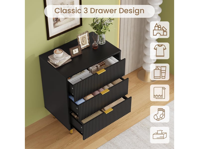  Commode moderne 3 tiroirs façade ondulée – rangement élégant, poignées et pieds dorés – pour chambre, salon ou entrée -noir PHK_35LRLKAX - Conforama D