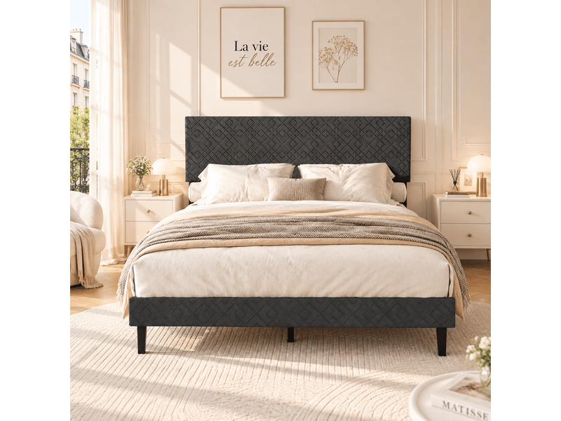  Lit adulte 160x200 cm, lit double avec sommier à lattes, revêtement en lin, tête de lit rayée, design nordique, gris  - Conforama B