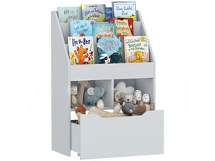 Bibliothèque enfant en bois avec 3 compartiments, 2 cubes et tiroir mobile à 4 roulettes, 60 x 29,9 x 90 cm, grise