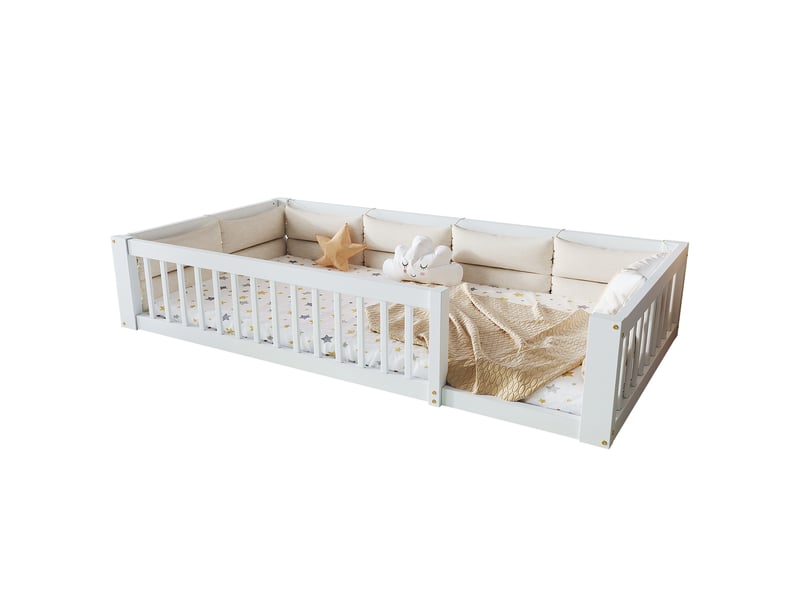  Lit plateforme 90x200 avec barrières latérales et coussins, lit 1 personne, blanc, cadre de lit  - Conforama R
