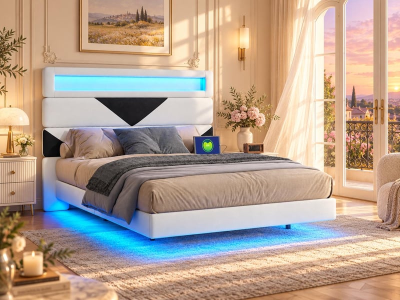  Lit 2 places 160x200 cm - usb et usb c - led intégrée - tissu velours blanc  - Conforama B