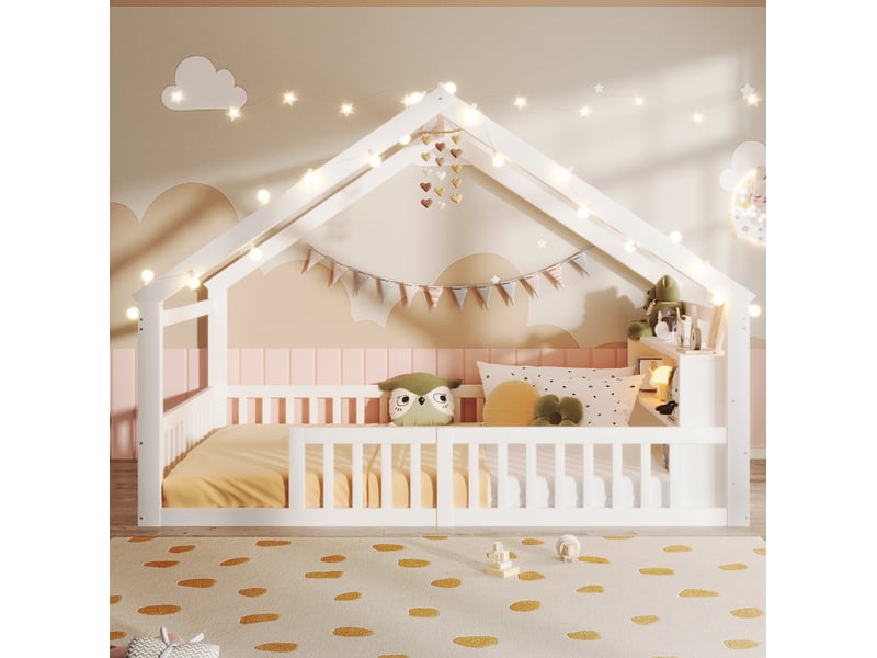  Lit enfant cabane 140 x 190 cm blanc avec barrières, étagères et perles led  - Conforama D