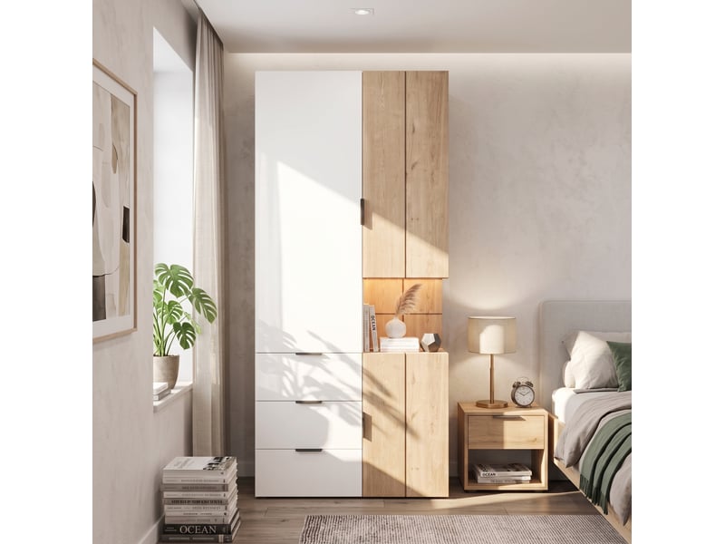  Armoire tcqpz 3 portes avec led et 4 tiroirs 90 x 49 x 200 cm mdf blanc et aspect chêne  - Conforama B