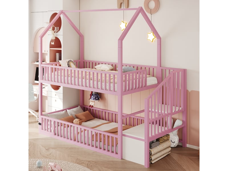 Lit superposé 90x200 cm, lit enfant, escalier, cadre métallique robuste, couchage confortable pour 2 personnes, support à lattes stable, métal rose OPULERANE TRADING LTD - Conforama D