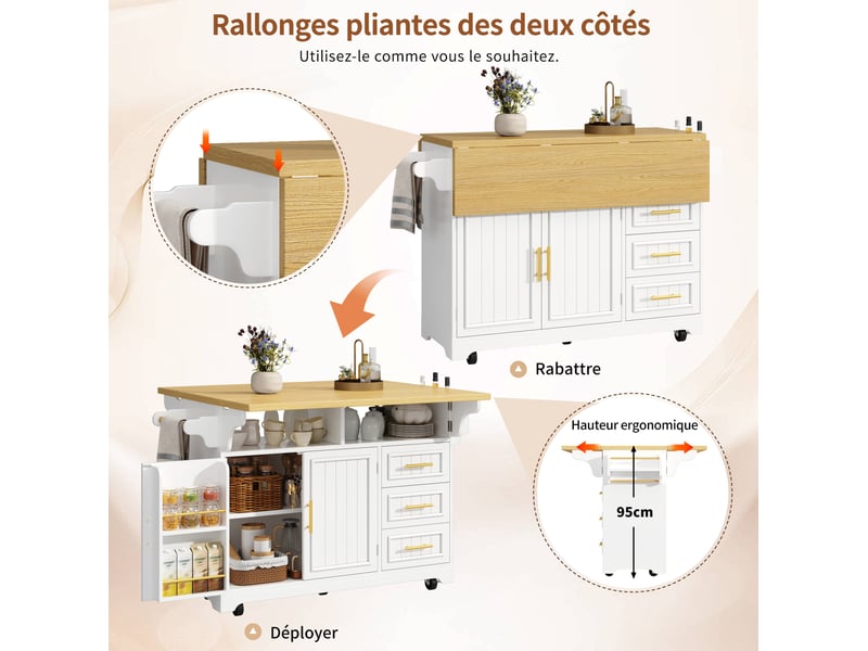  Îlot de cuisine 120x40x95 cm avec rangements et roulettes blanc et chêne  - Conforama D