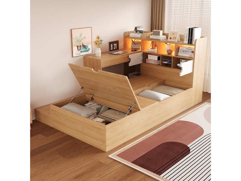  Lit multifonctionnel en bois, 90 x 200 cm, avec tête de lit intégrée et  pied de lit avec rangement, bureau, prise électrique et éclairage led LDF00750AAN - Conforama D