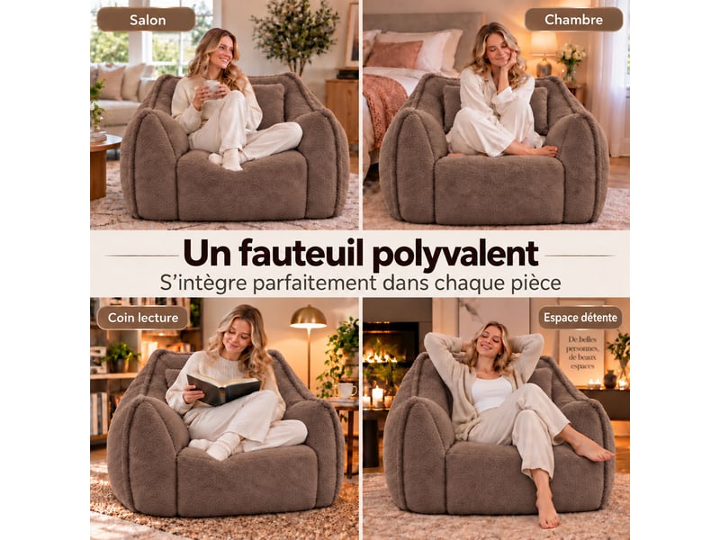  Fauteuil pouf paresseux en fausse fourrure, sans montage, rempli de mousse déchiquetée haute densité, design ergonomique,khaki  - Conforama C