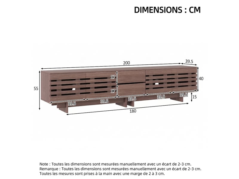  Meuble tv noyer 200 cm avec 4 portes et 2 tiroirs, pour tv jusqu'à 80 pouces  - Conforama C