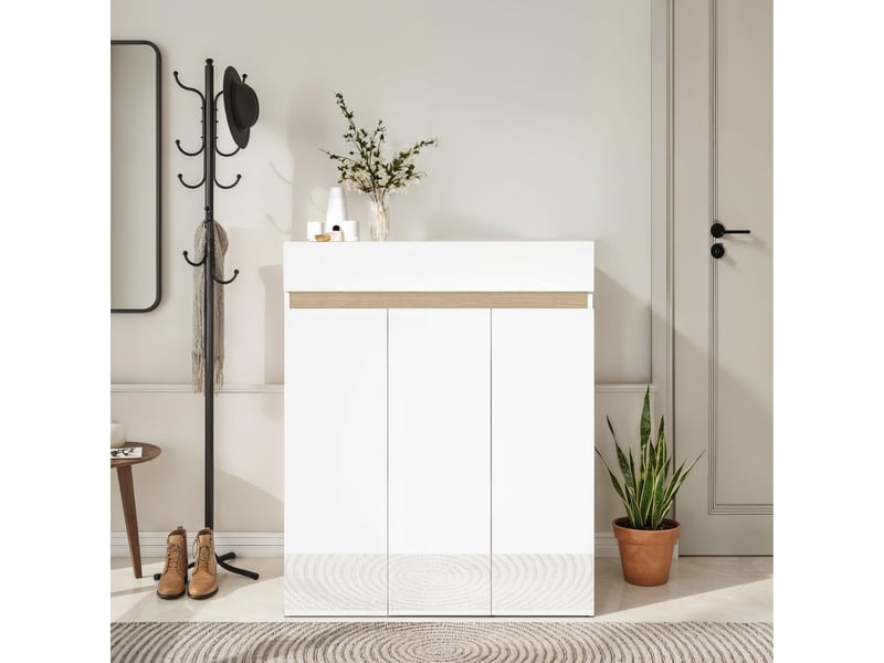 Meuble à chaussures 3 portes et 1 tiroir laqué blanc et décor bandeau aspect bois - eden  - Conforama D