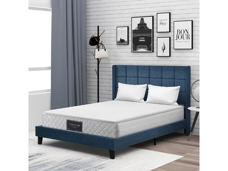  Lit double 140x200 - lit rembourré avec sommier à lattes - lin - matelas inclus - bleu  - Conforama D