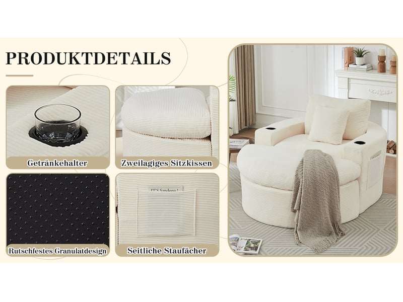  Fauteuil lounge convertible 1 place en velours côtelé beige avec pouf, rangement latéral et porte-gobelets intégrés  - Conforama E