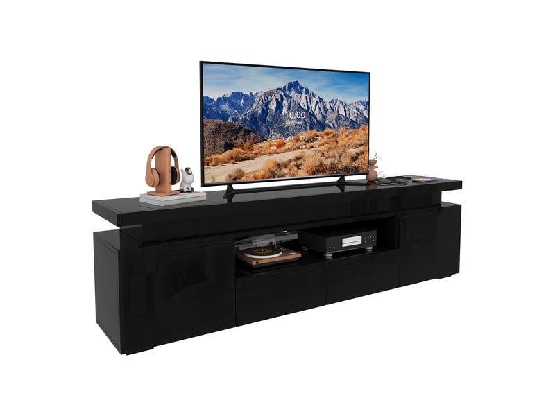  Meuble tv - 180x35x52cm - brillant haute brillance avec led rgb, 2 tiroirs, 2 portes pour tv jusqu'à 75 pouces - noir  - Conforama A