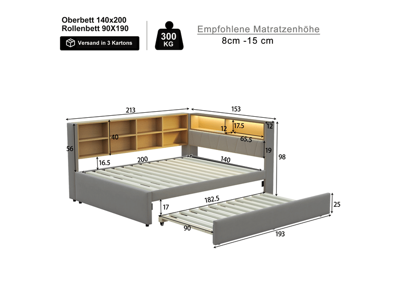  Canapé-lit 140*200 cm avec lit gigogne 90*190 cm, led, usb, rangements, gris foncé et cadre stable multifonctionnel  - Conforama B
