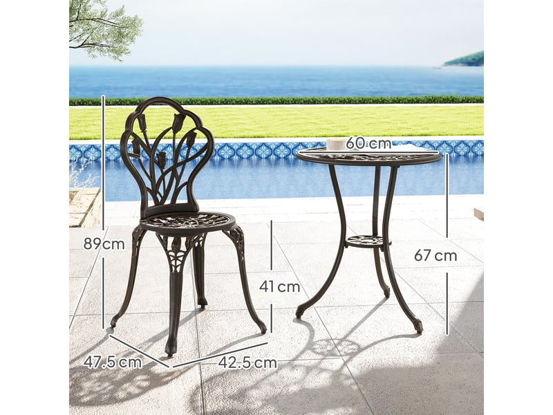  Ensemble de jardin 3 pièces comprenant 2 chaises et une table ronde avec trou pour parasol, bronze  - Conforama E