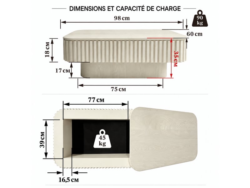  Table basse rectangulaire avec rangement caché muvano design cannelé vertical couleur crème 98 x 60 x 35 cm  - Conforama E
