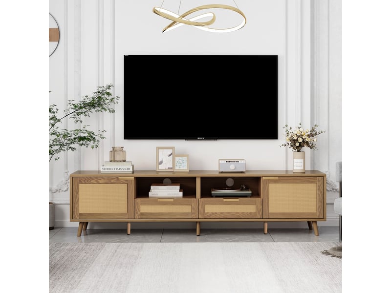  Meuble tv 200 cm en rotin synthétique avec pieds en bois massif, banc tv couleur chêne pour salon, 2 portes et 2 tiroirs  - Conforama C