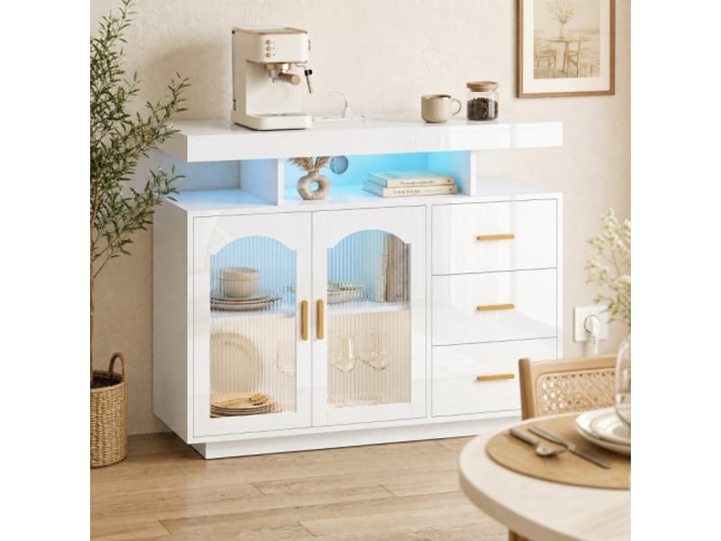 Buffet lumineux led moderne avec prises intégrées, 3 tiroirs, étagères et 2 portes en acrylique - blanc brillant  - Conforama B