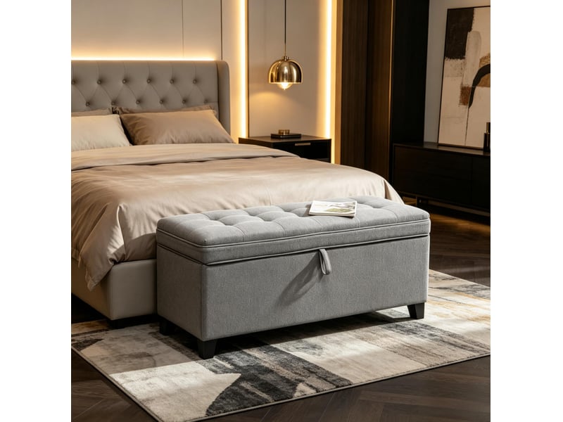  Banc de rangement tcqpz 120 x 40 x 48 cm capitonné 112 l tissu effet lin gris foncé  - Conforama D