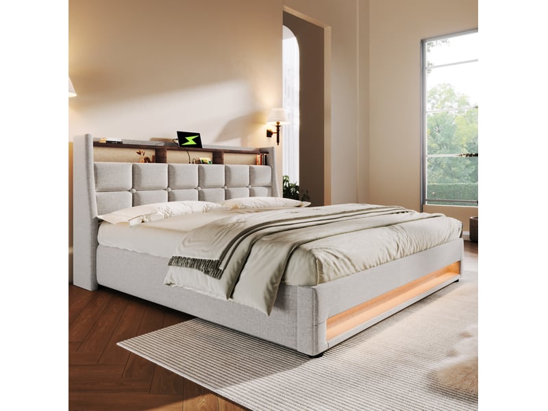  Modenvie lit coffre 180x200 cm - avec led, ports usb et rangement, sans matelas - beige  - Conforama E
