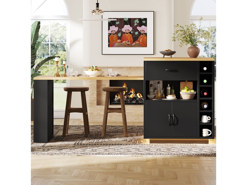  Îlot de cuisine noir avec table extensible 61-113cm, desserte de rangement avec éclairage led, tiroirs et casier à vin, mdf et métal  - Conforama W