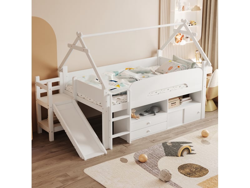 Lit enfant moderne 90 x 200 lit simple avec toit toboggan intégré rangements espace jeu sécurité bois blanc sans matelas - Conforama B