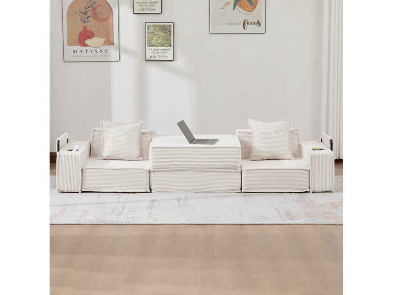  Canapé-lit 2 places modulable en velours côtelé beige avec 2 coussins  - Conforama D