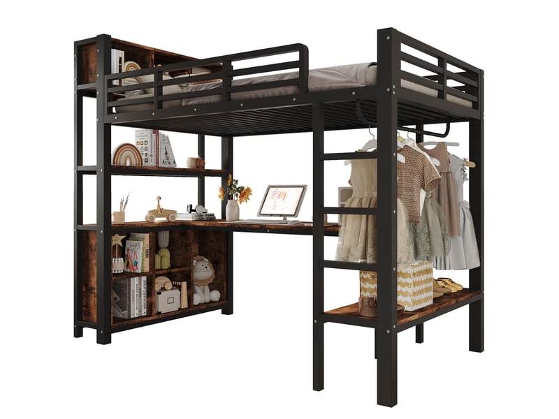  Lit mezzanine 90 × 200 cm 1 place avec bureau, penderie, étagères et rangements, sans matelas, noir  - Conforama A