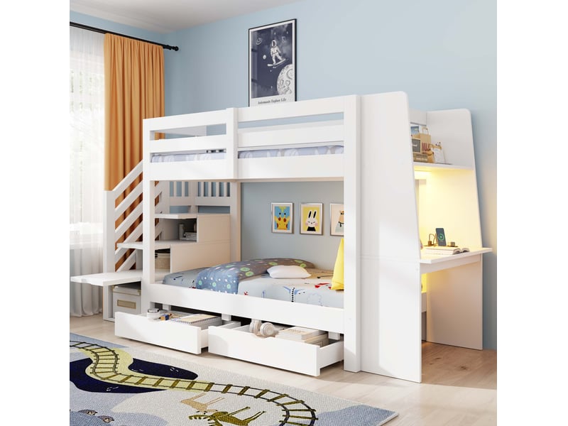  Lit mezzanine 90 × 200 cm 1 place avec bureau, étagères, 2 tiroirs et led réglable, sans matelas, blanc  - Conforama B