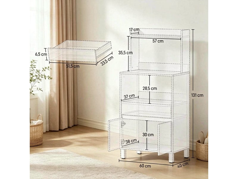 Meuble micro-ondes sur pied avec placard, rangements de porte et étagères ouvertes - Conforama C