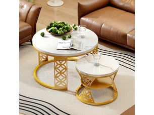 Table basse gigogne ronde 70x70x4545x45x37 cm, coloris blanc et dore