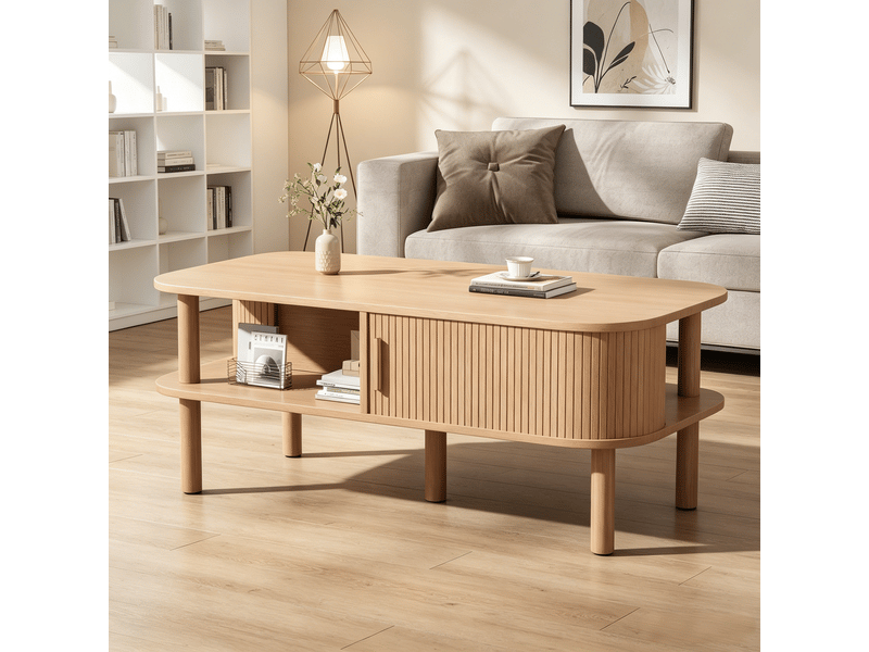  Table basse scandinave avec rangement et porte coulissante 110x55 cm mdf couleur bois naturel  - Conforama R
