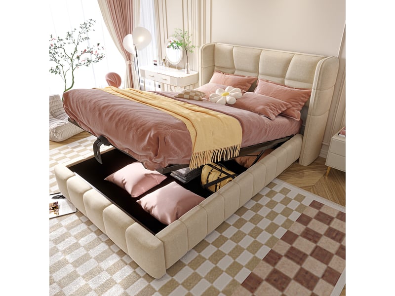  Lit rembourré, lit enfant 90x200 cm, rangement hydraulique, sommier à lattes, lin beige  - Conforama A
