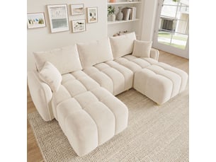 Canapé modulable 5 places 219x136x84 cm, forme lu avec 2 poufs et coussins, tissu chenille, accoudoirs larges, cloud-sofa pour salon, beige