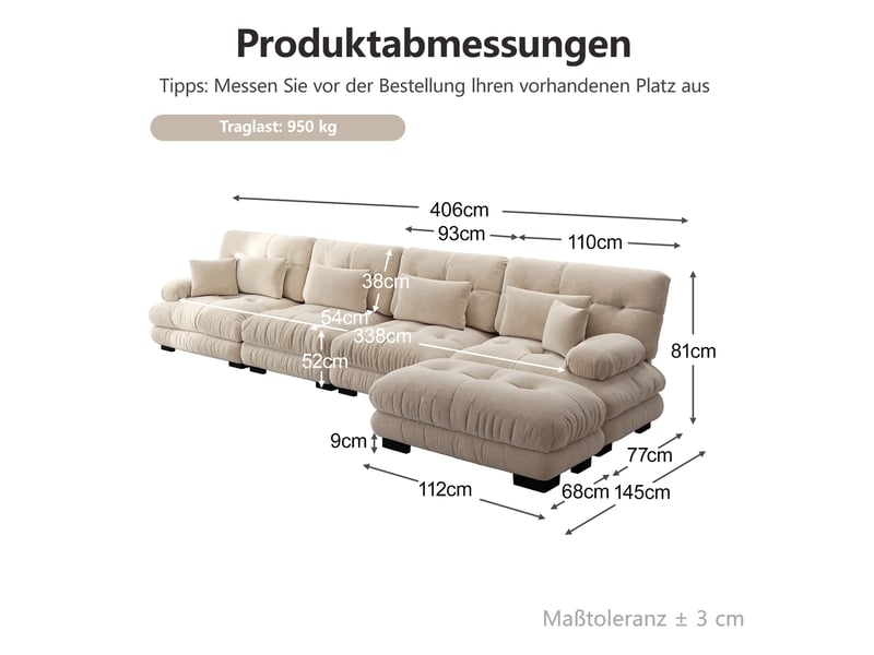 Canapé d'angle modulable 4 places en tissu café clair avec ottomans mobiles, confort profond pour le salon - Conforama C