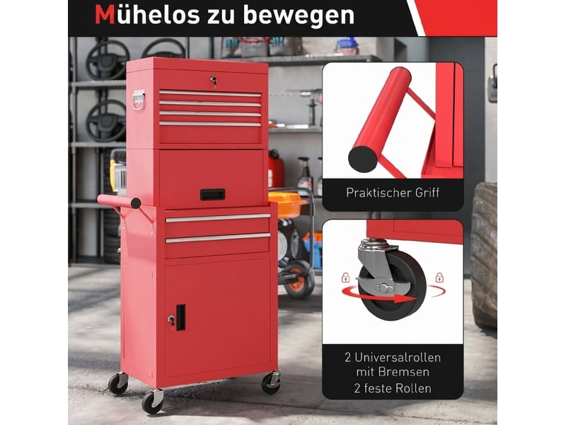 Armoire à outils mobile 60,5 x 33,5 x 131 cm rouge en acier, 6 tiroirs et 2 compartiments verrouillables - Conforama E