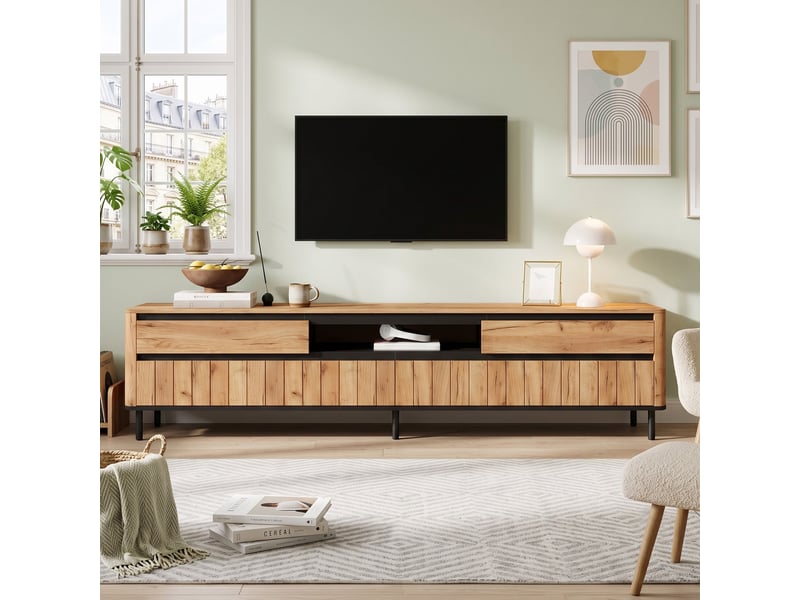 Meuble tv effet chêne naturel 2 tiroirs 2 portes abattantes et 6 pieds - Conforama B