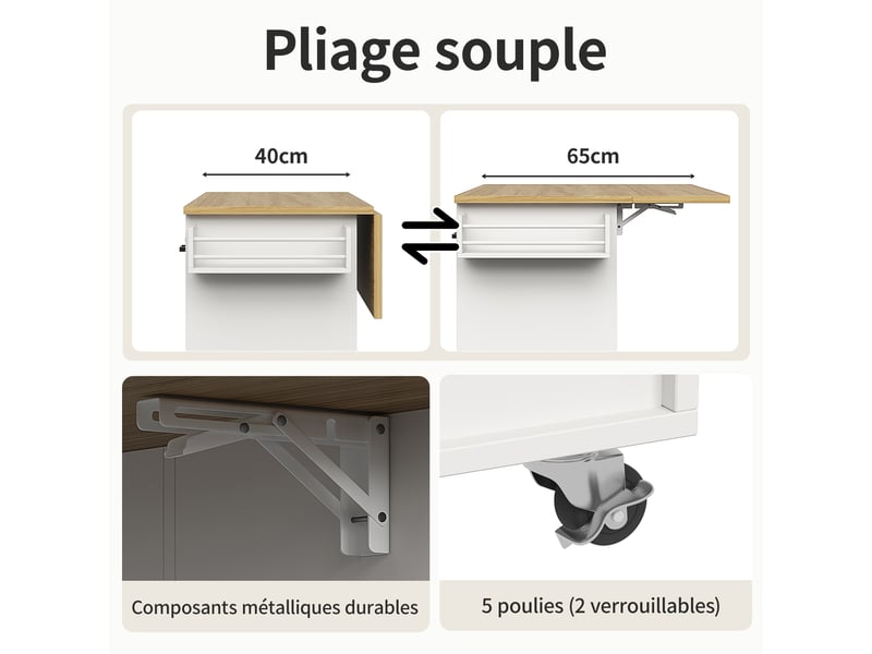  Îlot de cuisine 124x40x85.3cm, desserte avec 2 portes, 3 tiroirs, casier à vin, plateau pliable, mdf blanc  - Conforama E