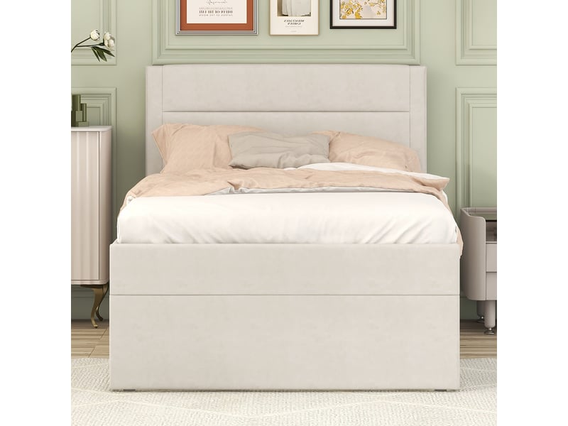  Lit rembourré 90 x 200 cm sans matelas, sommier à lattes, grand rangement, beige pour chambre  - Conforama E
