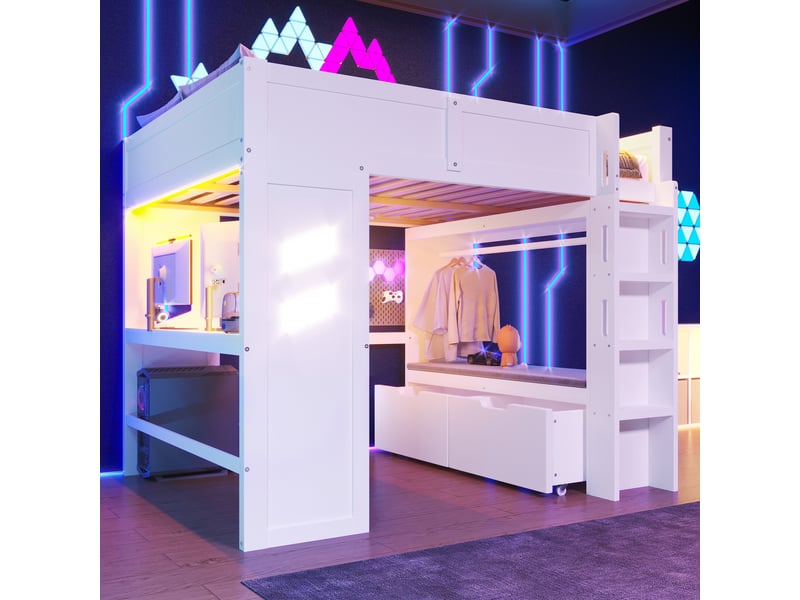 Lit mezzanine 140 x 200 cm, lit enfant surélevé, 2 tiroirs, bureau intégré, éclairage led, connectique usb, échelle, bois massif, blanc Morn Vibe - Conforama D