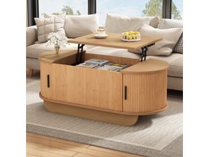 Table basse relevable ovale 100x50x42 cm - plateau hydraulique jusqu’à 55,5 cm, coffre et portes coulissantes - mdf - bois naturel