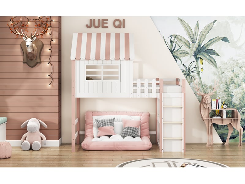  Lit superposé enfant 90x200 cm rose bois massif pin avec échelle de sécurité rangement sommier à lattes Sol Morn - Conforama D