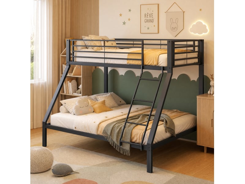  Lit superposé 90 × 200 cm et 140 × 200 cm 3 places, avec échelle réversible et barrières, sans matelas, noir  - Conforama B