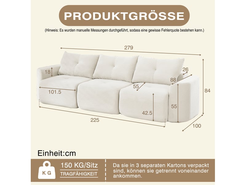 Canapé modulable 3 places configuration 2+1 en velours côtelé beige homvra - Conforama E